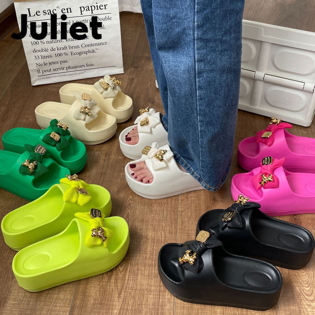 Juliet Dép bánh mỳ nữ-dép thái lan quai gắn nơ gấu hot ngang nâng đế 6 phân B20H12C