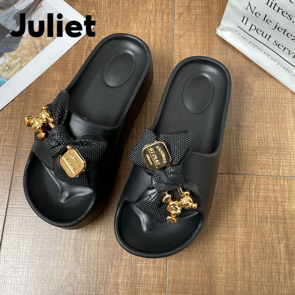 Juliet Dép bánh mỳ nữ-dép thái lan quai gắn nơ gấu hot ngang nâng đế 6 phân B20H12C