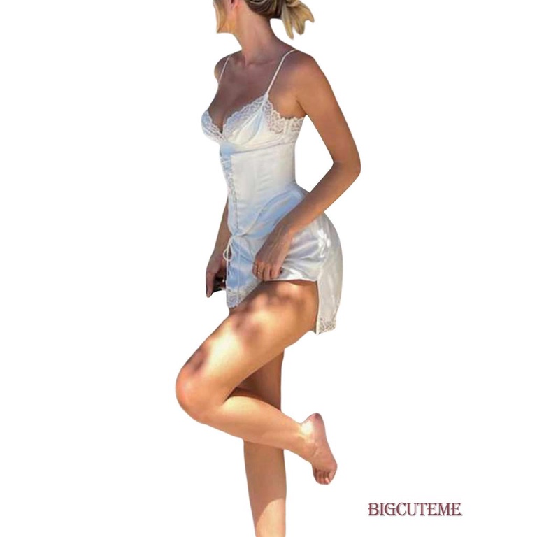 Đầm Mini Hai Dây Cổ Chữ V Phối Ren Và Dây Cột Eo Thời Trang Cho Nữ