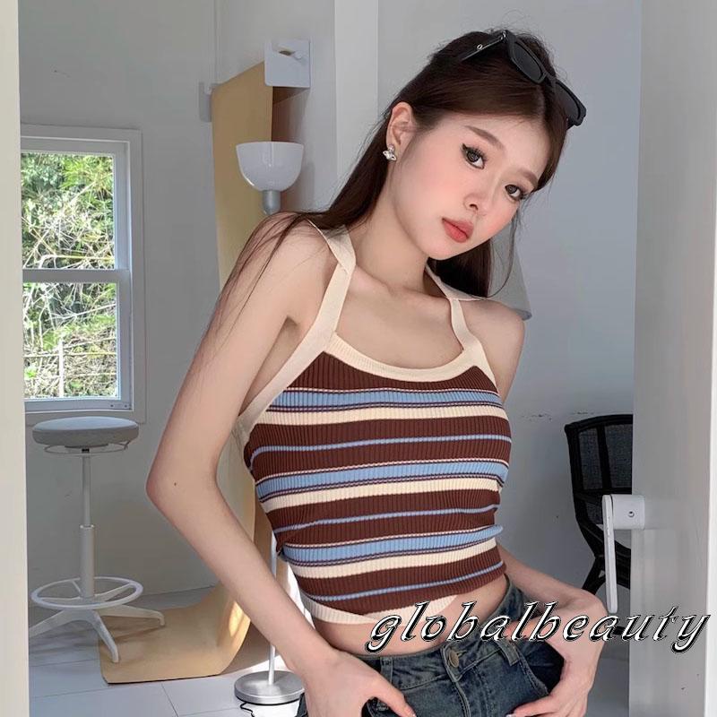 Áo Tank Top Dệt Kim Không Tay Họa Tiết Kẻ Sọc Đơn Giản Thời Trang Mùa Hè Dành Cho Nữ