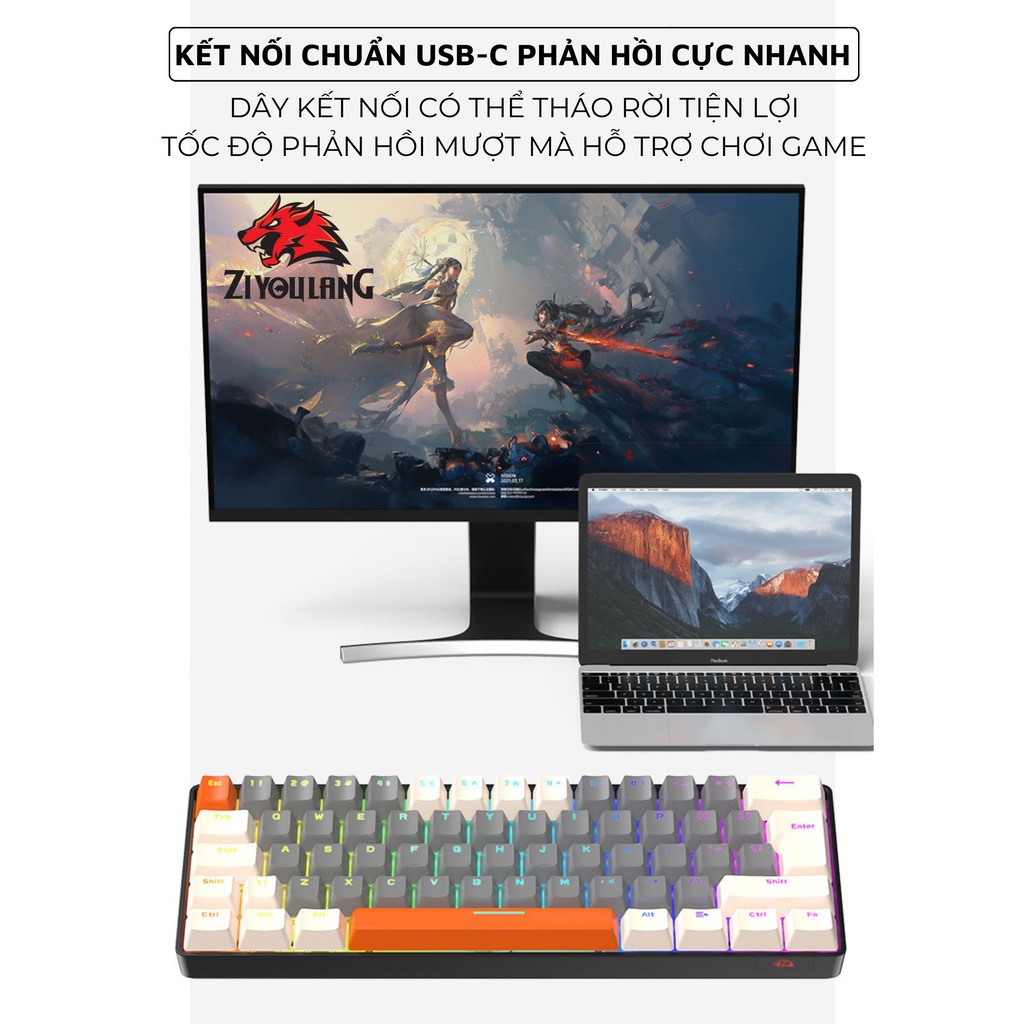 Bàn phím cơ T60 RED, BLUE SWITCH ZIYOULANG kết nối Type-C bàn phím chơi game 62 phím 18 chế độ led Rainbow, bh 12 tháng