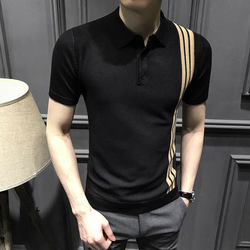 Áo Thun Polo Dệt Kim Ngắn Tay Form Ôm Họa Tiết Kẻ Sọc Thời Trang Mùa Hè Cho Nam
