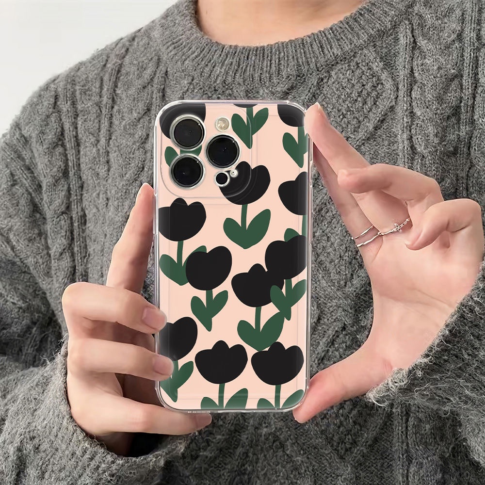 ✅Ốp Điện Thoại Mềm Hình Hoa Tulip Đen Chống Sốc Cho Iphone12 14pro78 13 max11 Plus6In OQGO