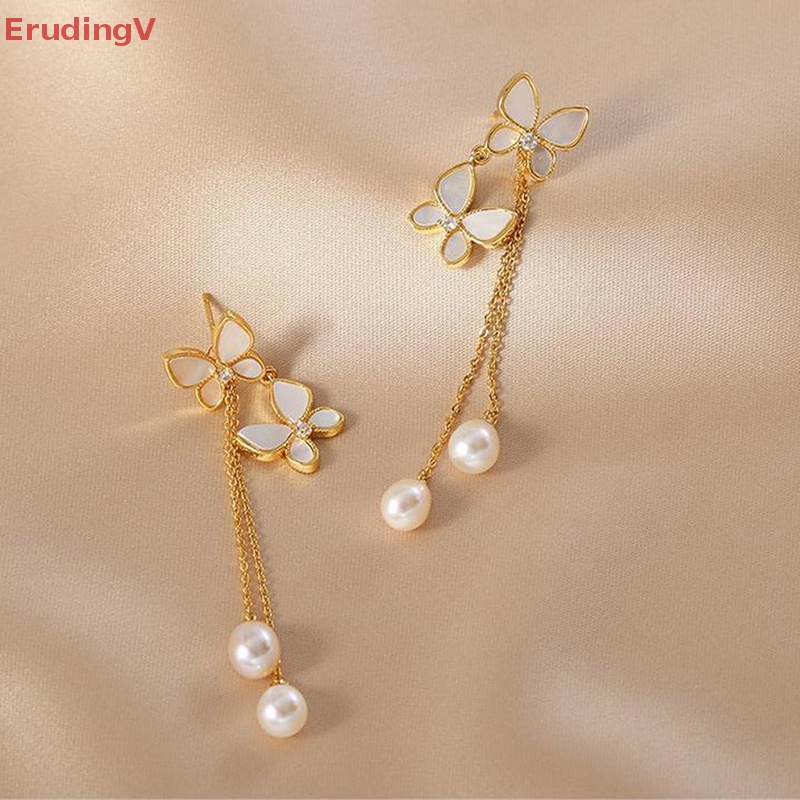 1 Đôi Bông Tai Dáng Dài Hình Bướm Đính Ngọc Trai Lãng Mạn Thời Trang Cho Nữ