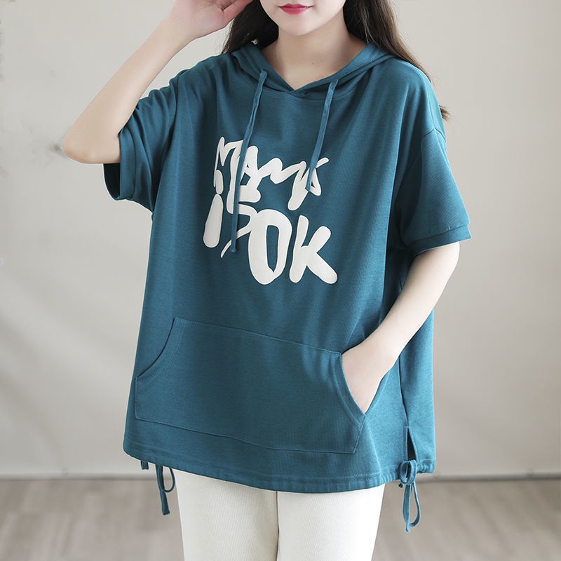 Áo Thun Mùa Hè Dáng Rộng Tay Cộc Có Mũ Trùm Phong Cách Hàn Quốc Cho Nữ Size m-4xl
