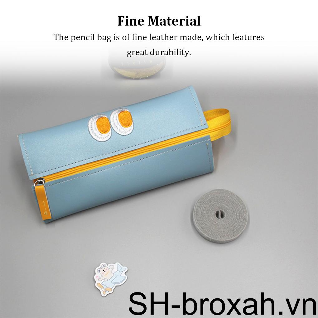 Túi Đựng Bút Bằng Da Màu Trơn Có Khóa Kéo Thêu Họa Tiết Xinh Xắn