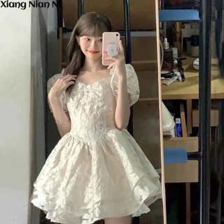 Đầm búp bê XIANG NIAN NI jacquard cổ vuông tay phồng thời trang mùa hè 2023