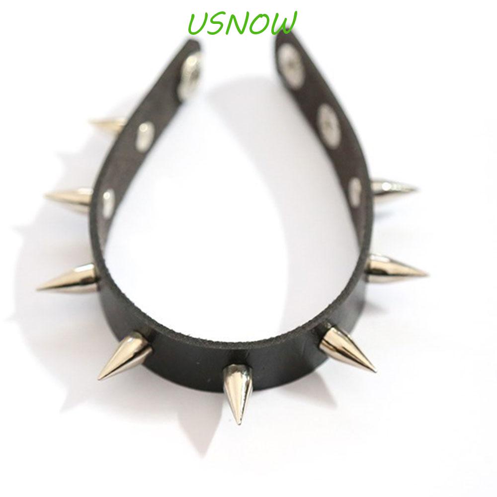 Khuy Măng Sét Hình USNOW Cho Nữ|Vòng Tay Da Màu Đen Đính Mặt Hình Nón Hợp Kim Phong Cách Punk
