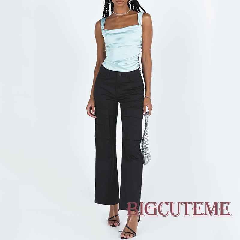 [] - Áo Crop Top Hai Dây Màu Trơn Mùa Hè Thẩm Mỹ Dành Cho Nữ Màu Xanh Dương