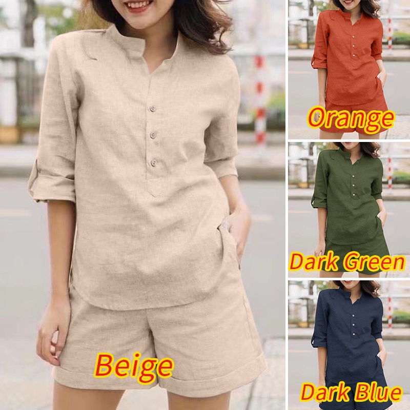 Zanzea Bộ Áo Sơ Mi Cotton Cổ Đứng Phối Quần Short Kiểu Vintage Thời Trang