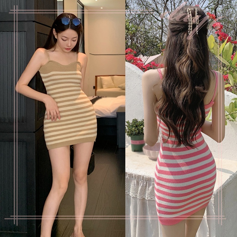 Đầm Dệt Kim Không Tay Dáng Ôm Họa Tiết Kẻ Sọc Thời Trang Hàn Quốc Quyến Rũ Cho Nữ