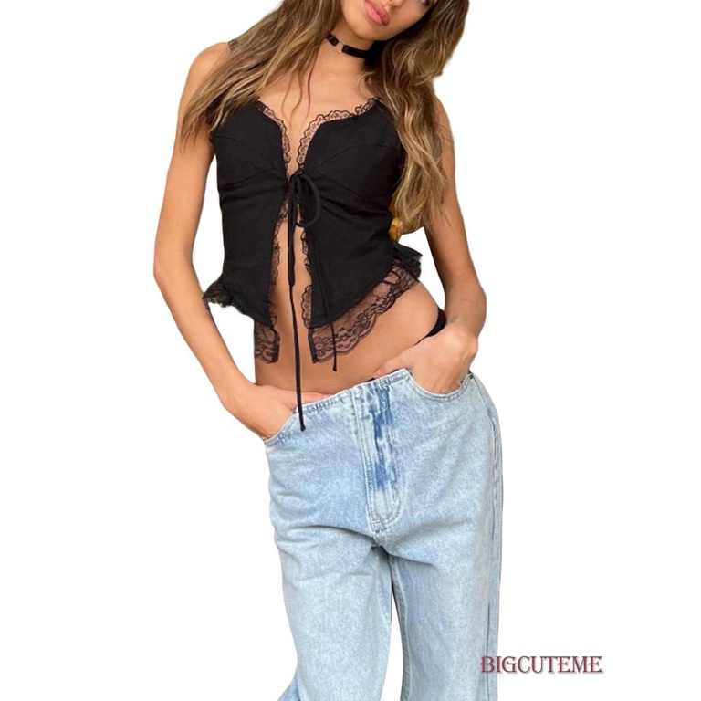 [] - Áo Crop Top Không Tay Ôm Dáng Màu Trơn Cột Dây Phía Trước Phối Ren Gợi Cảm Cho Nữ