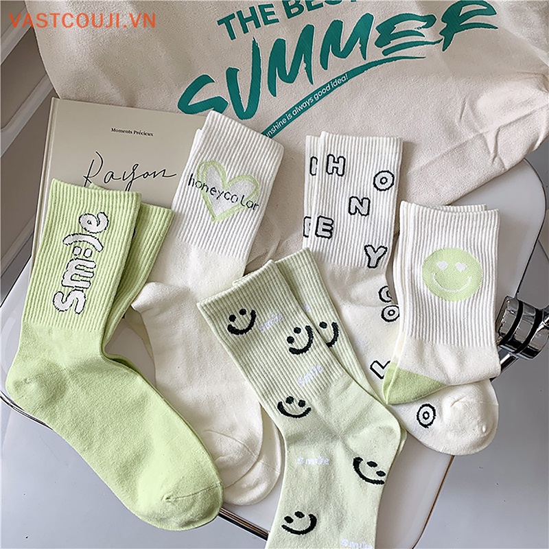 1 Đôi Tất Cotton Thoáng Khí In Hình Mặt Cười Và Chữ Đáng Yêu Cho Nữ