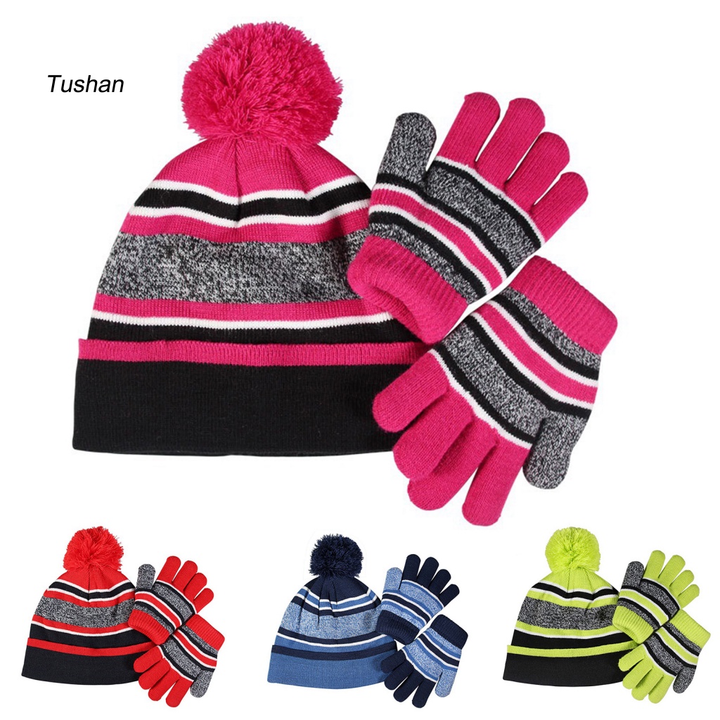 1 Bộ Găng Tay Và Mũ Len Họa Tiết Kẻ Sọc Thời Trang Thu Đông Cho Bé