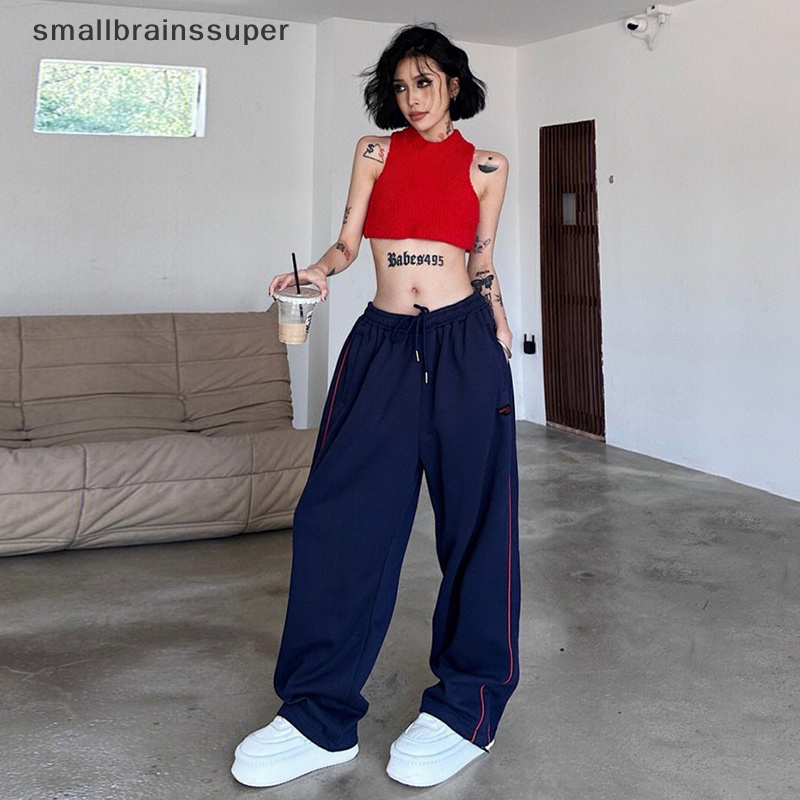Smallbrainssuper Y2K Quần Joggers Ống Rộng Họa Tiết Kẻ Sọc Màu Đen Phong Cách Harajuku Vintage Dành Cho Nữ SBS