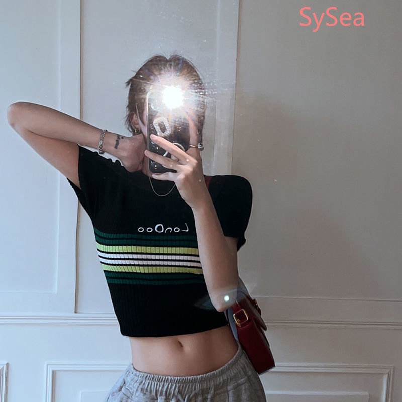 Áo Dệt Kim Dáng Ôm Họa Tiết Kẻ Sọc Phong Cách Retro Mỹ Thời Trang Cho Nữ