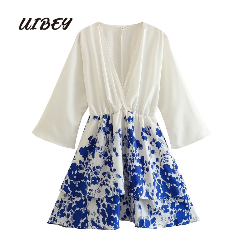 Uibey Đầm Cổ Chữ V Nhấn Eo In Họa Tiết Thời Trang 4199