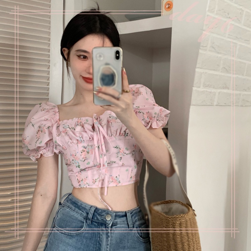 Áo Croptop Tay Phồng In Hoa Xinh Xắn Dành Cho Nữ