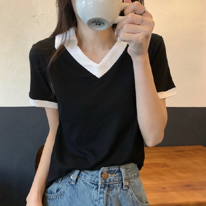 Áo polo SUXI tay ngắn cổ chữ V dáng ôm thời trang mùa hè dễ phối đồ cho nữ