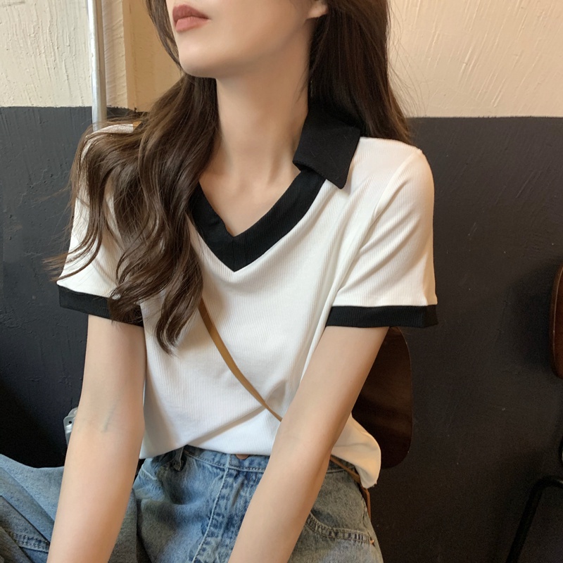 Áo polo SUXI tay ngắn cổ chữ V dáng ôm thời trang mùa hè dễ phối đồ cho nữ