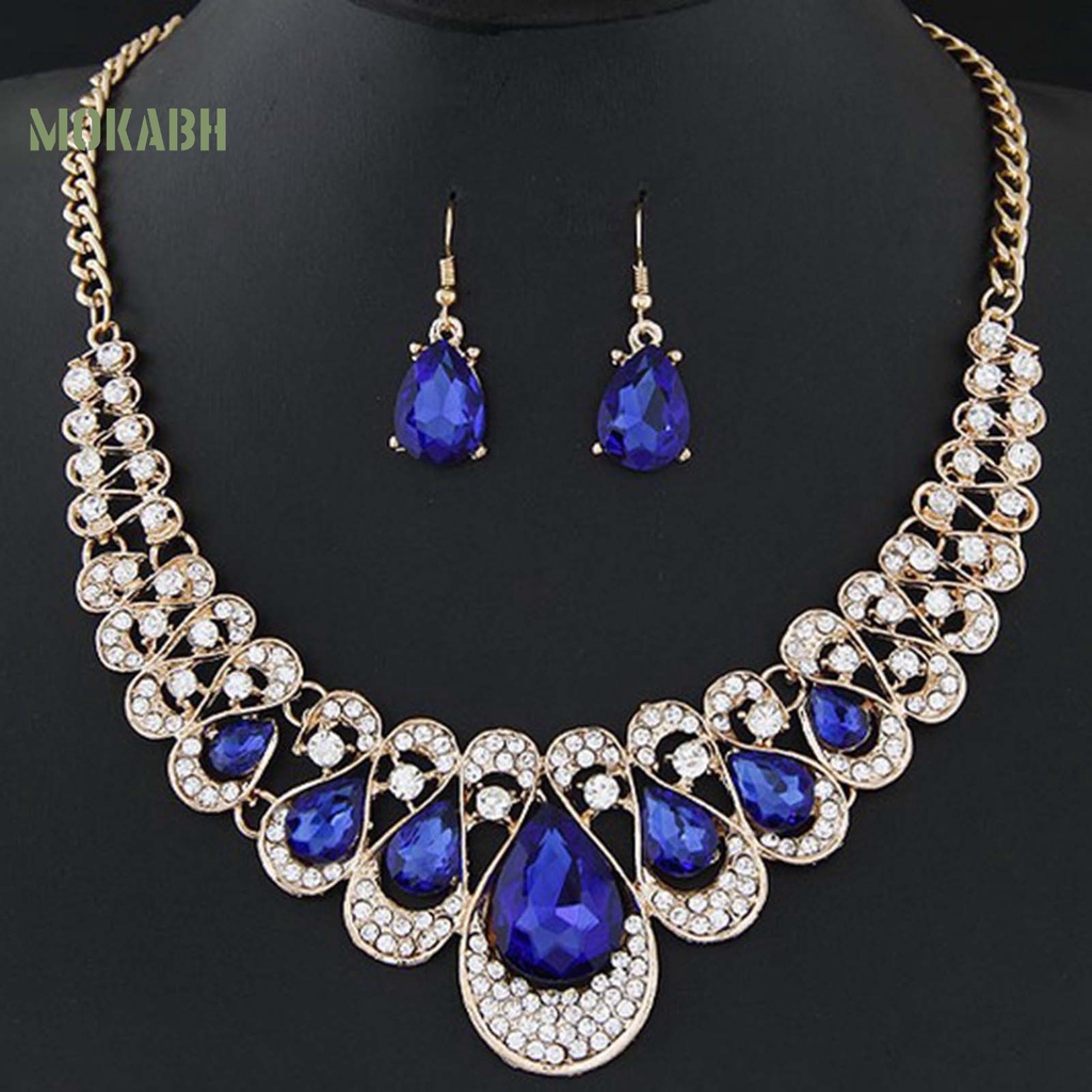 Set 2 Vòng cổ / Bông Tai Hình Giọt Nước Đính Đá Nhiều Màu Thời Trang