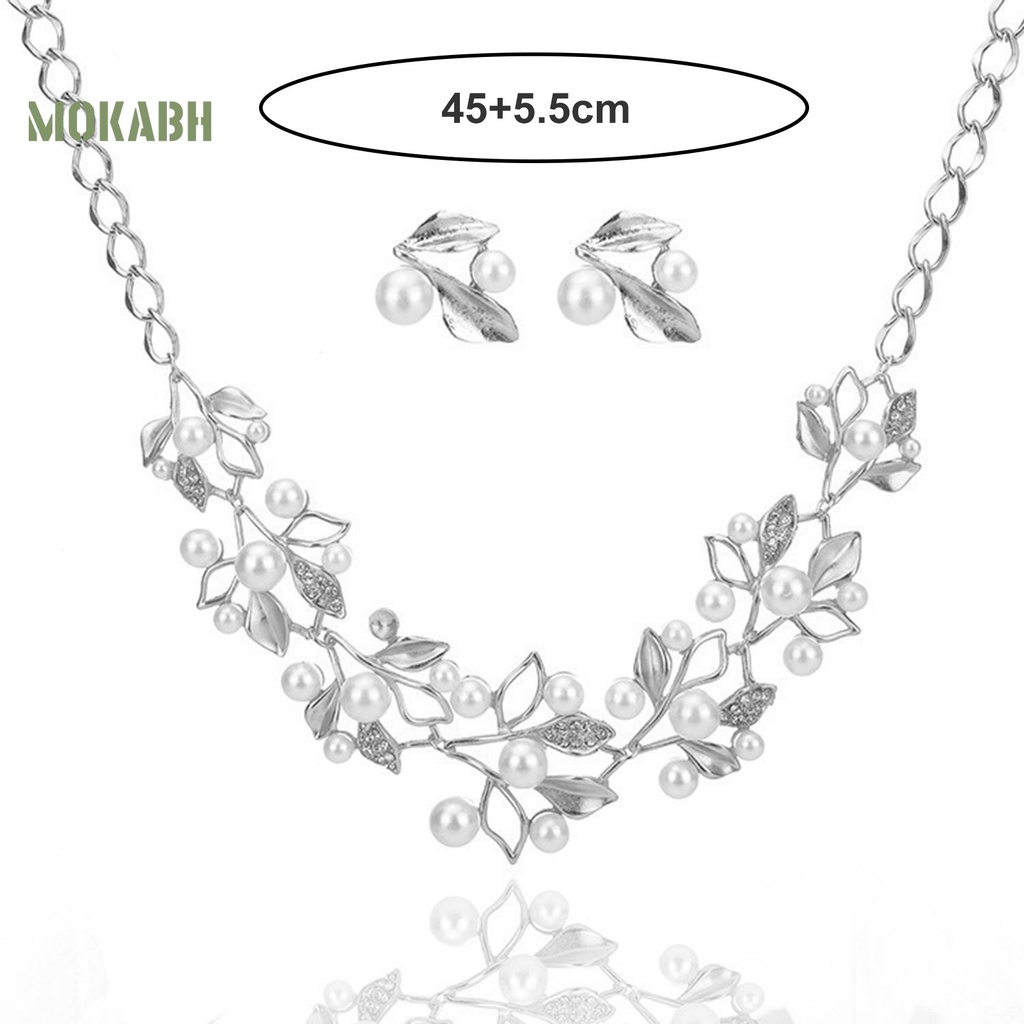 1 Bộ Vòng cổ + Bông Tai Hình Chiếc Lá Đính Đá &amp; Ngọc Trai Giả Sang Trọng