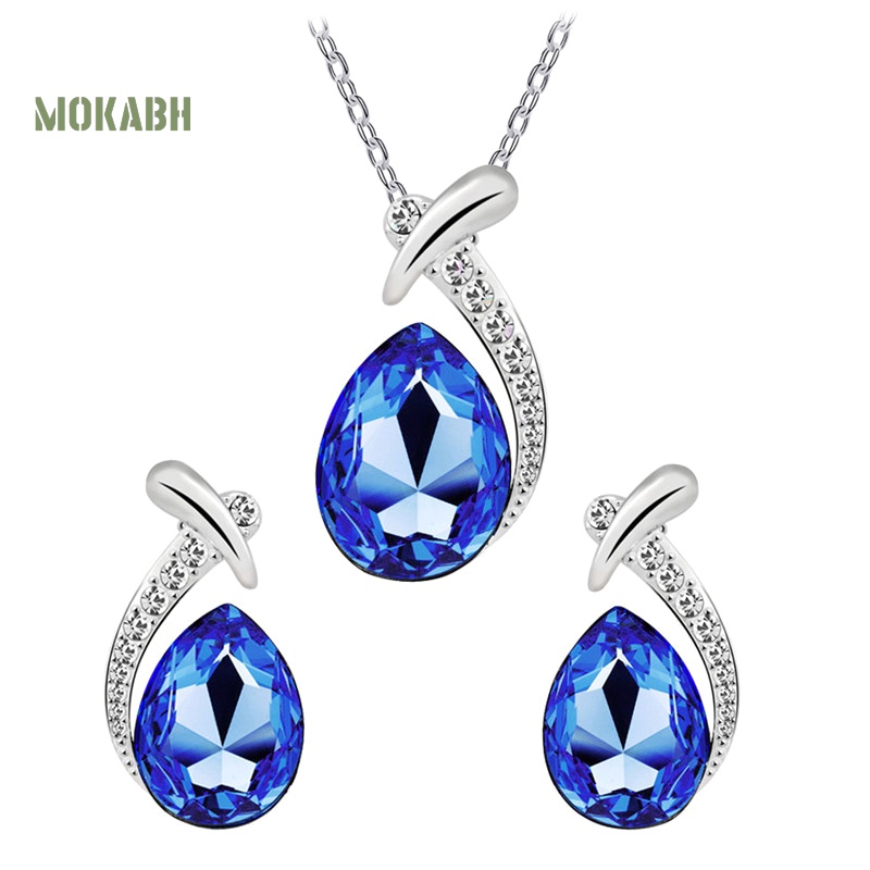 Bộ Trang Sức Vòng cổ + Bông Tai Đính Pha Lê Giả Hình Giọt Nước Thời Trang Cho Nữ