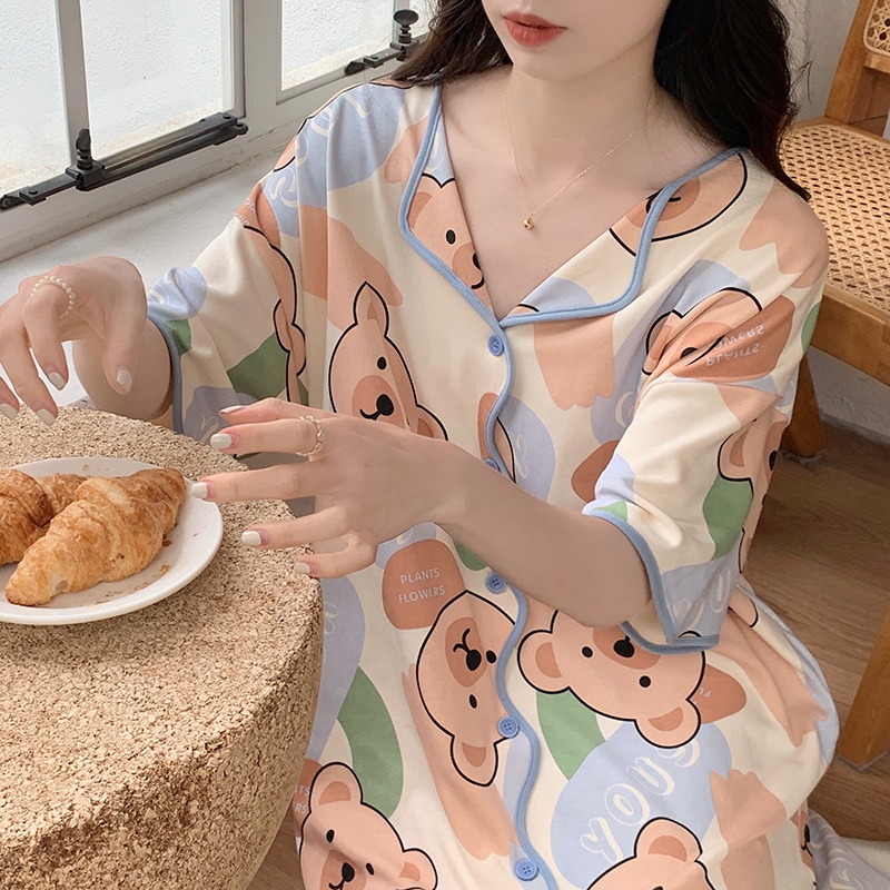 Đầm Ngủ Cotton Dáng Vừa In Họa Tiết Gấu Hoạt Hình Dễ Thương Thời Trang Mùa Hè Cho Nữ
