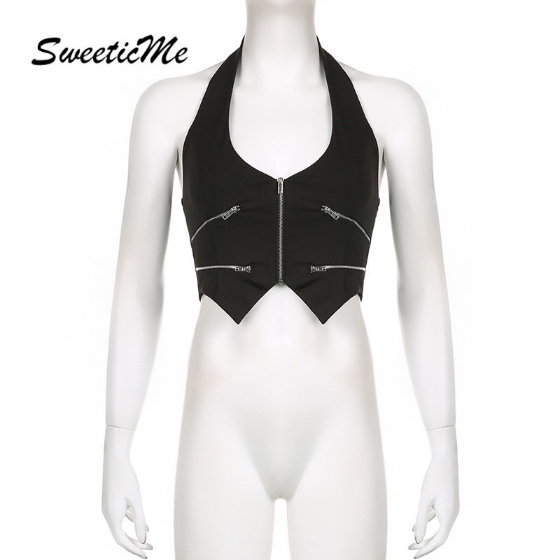 Áo Tank Top Hai Dây Cổ Chữ V Dáng Ôm Phối Khóa Kéo Thời Trang Đường Phố 2023 Cho Nữ