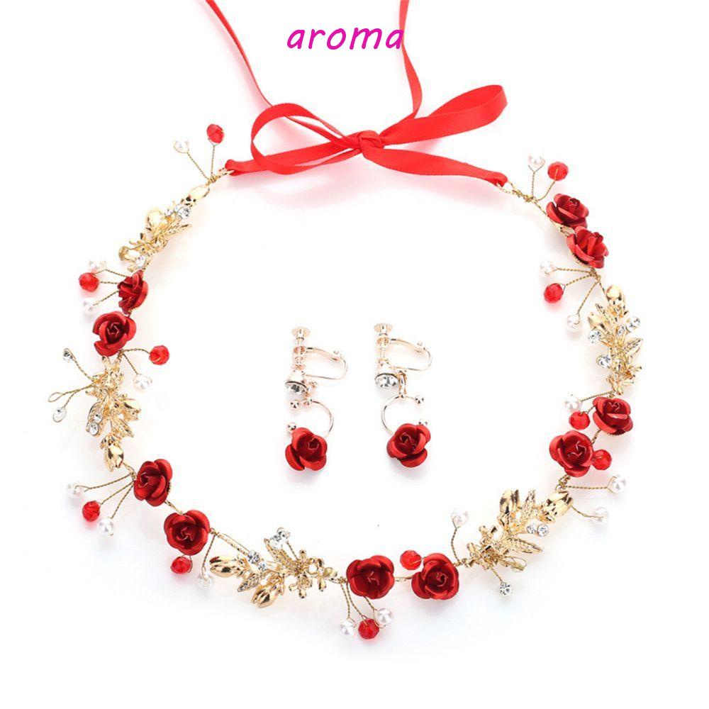 Bộ Bông Tai + Dây Ruy Băng Cài Đầu Hình Hoa Hồng Thời Trang Cho Cô Dâu