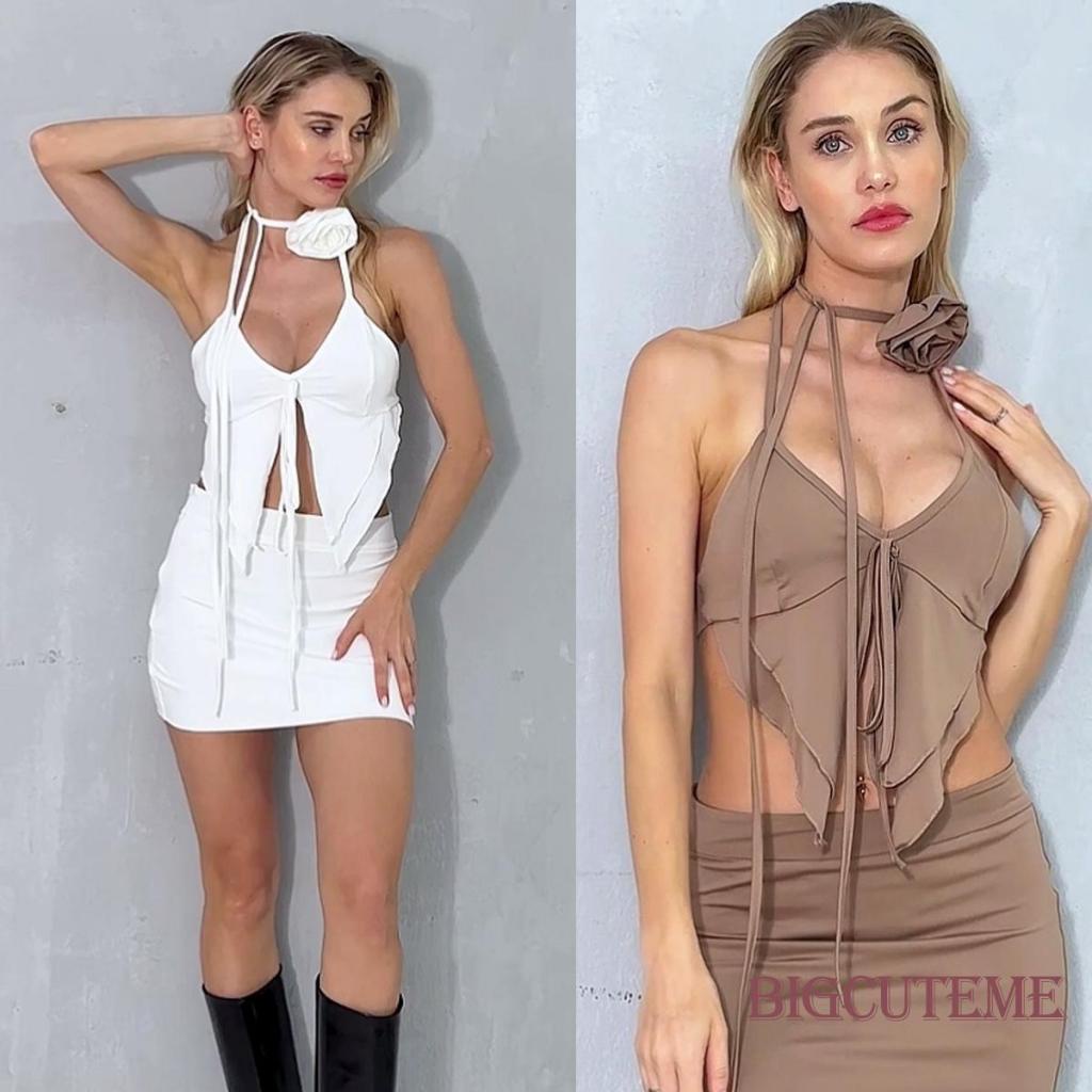 Set Đồ Mùa Hè 2 Món Gồm Áo hai dây Cổ Chữ V Không Tay + Chân Váy Ngắn Màu Sắc Đơn Giản Cho Nữ