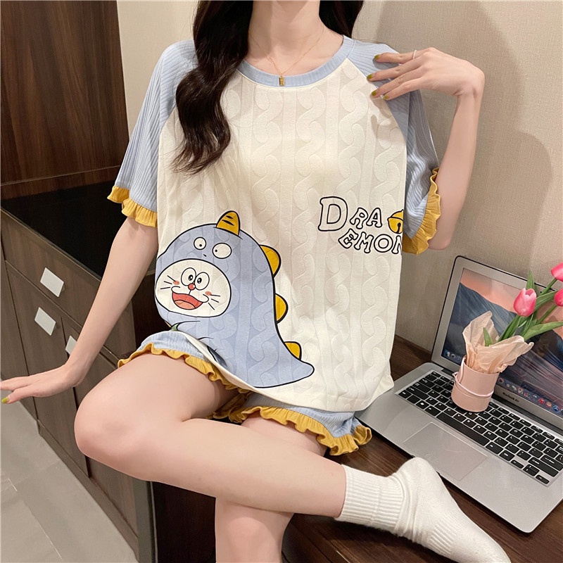 Bộ Đồ Ngủ Chất Liệu Cotton Thân Thiện Với Da Tay Ngắn Kích Thước Lớn Thời Trang Xuân Thu Cho Nữ