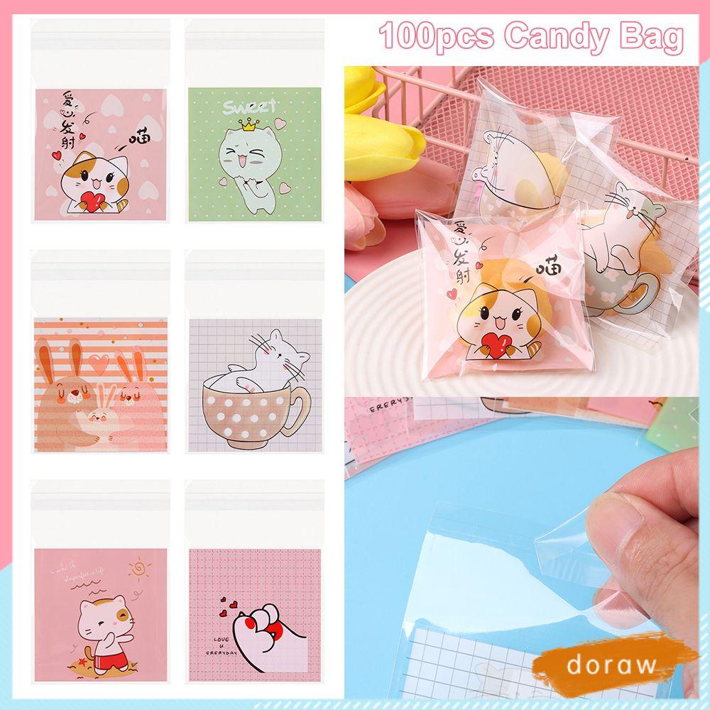 Set 100 Túi Đựng Kẹo In Hình Mèo Dễ Thương Kích Thước 7x7cm