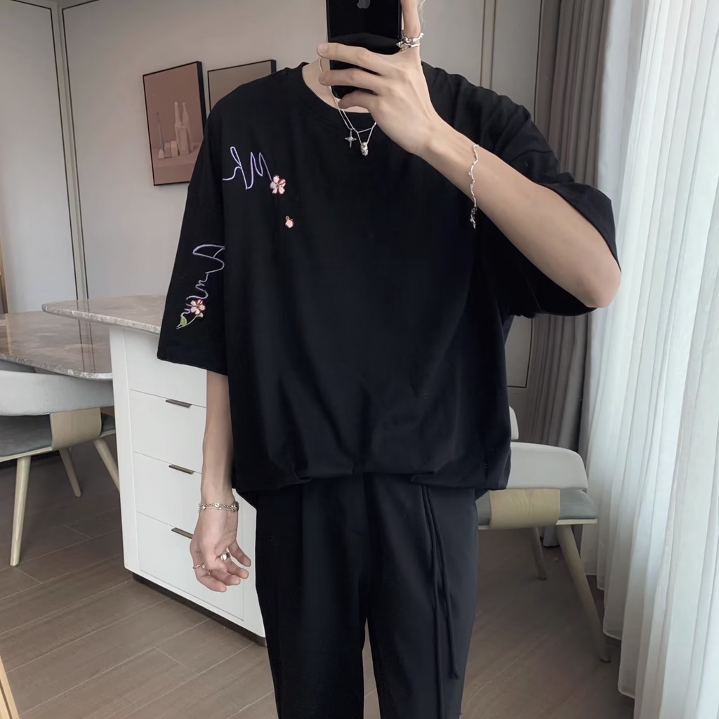 Áo Thun Cotton Ngắn Tay Dáng Rộng Thêu Hoa Nhỏ Kiểu Hàn Quốc Cho Nam