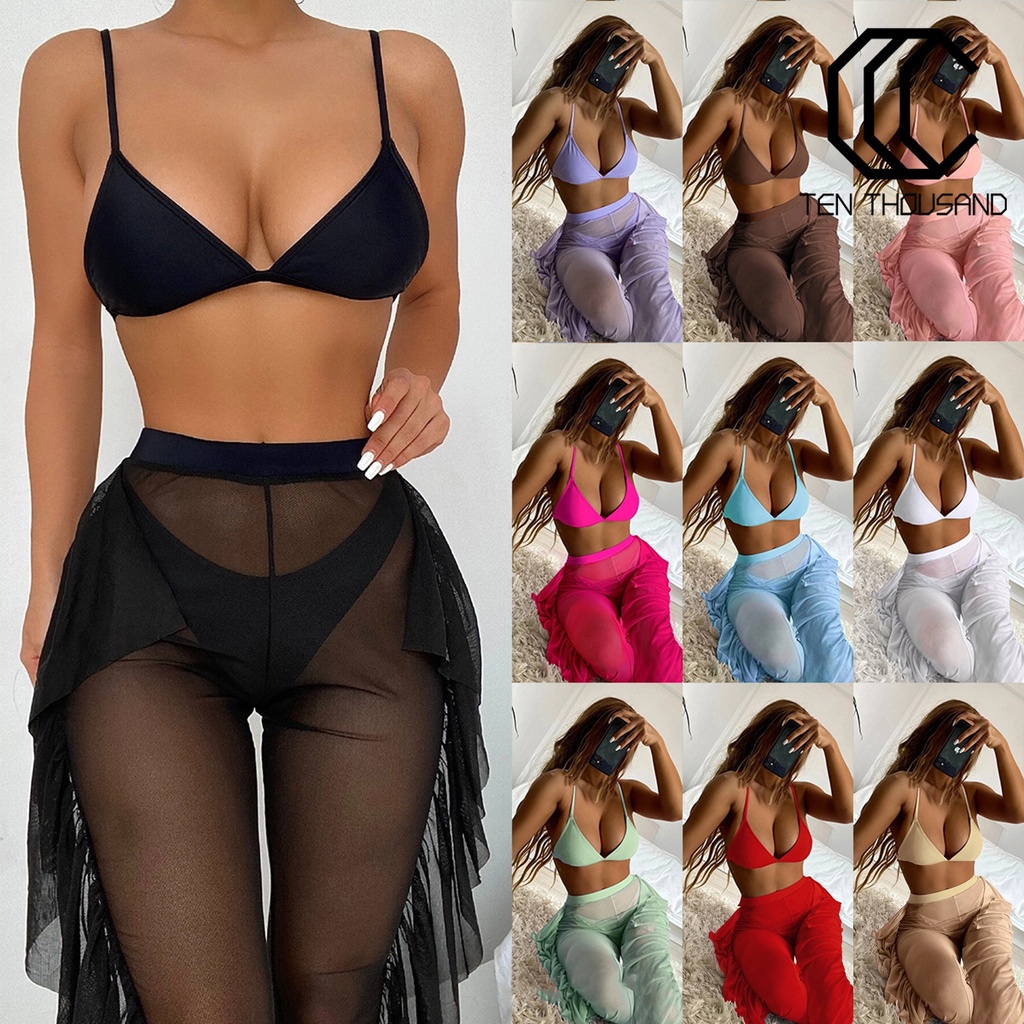 Set 3 Món Đồ Bơi Bikini Với Áo Lưới Không Gọng Cổ Chữ V Và Quần Dài Có Đệm Ngực Dành Cho Nữ