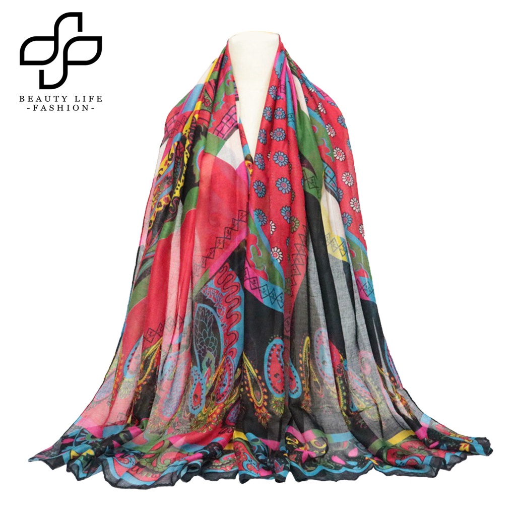 Khăn Choàng Vải Lanh Cotton In Họa Tiết Dân Tộc Dùng Làm Đạo Cụ Chụp Ảnh Cho Nữ