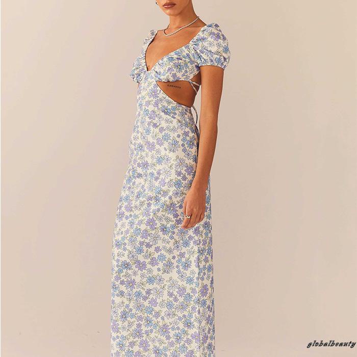 Đầm Dài Hở Lưng Tay Ngắn Họa Tiết Hoa Thời Trang Mùa Hè Cho Nữ