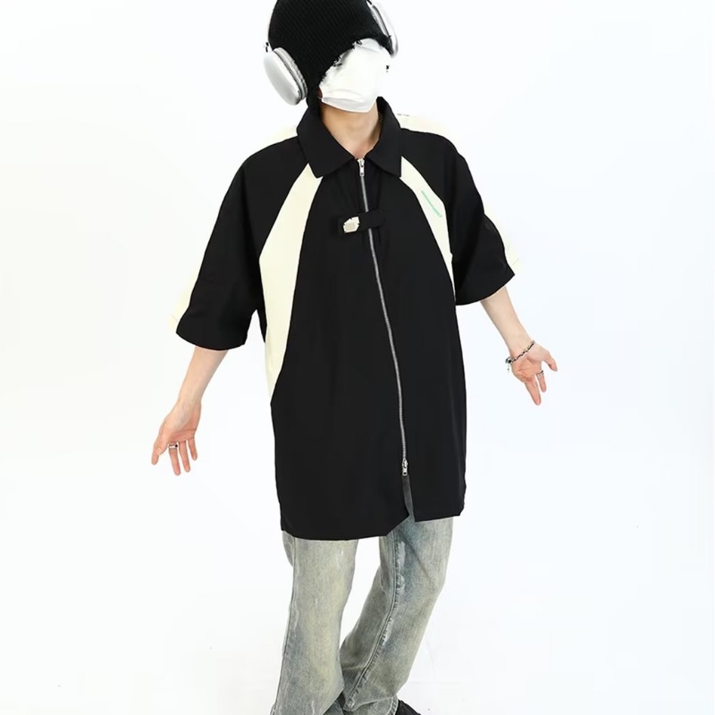 Áo Sơ Mi Tay Ngắn Có Khóa Kéo Màu Trắng Đen Phong Cách Đường Phố Mỹ Cá Tính Cho Nam Và Nữ