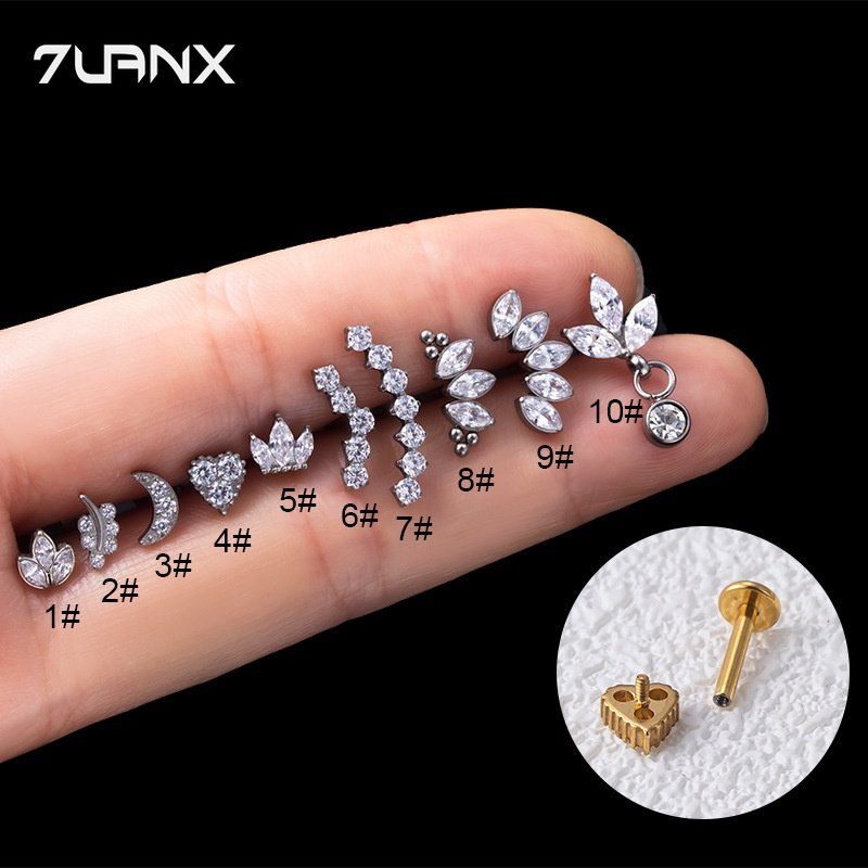 7uanX 1 Khuyên Xỏ Tai Bằng Thép Titan G23 Hình Chiếc Lá Đính Đá Zircon 16Gauge