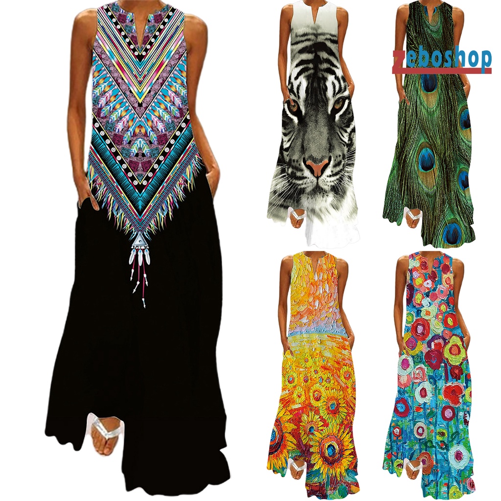 Đầm Maxi Sát Nách Cổ Chữ V Dáng Rộng In Họa Tiết Phong Cách Cổ Điển Thời Trang Đi Biển Cho Nữ