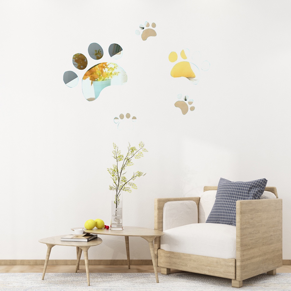 Bộ 4 Miếng Dán Tường Hiệu Ứng Gương Hình Dấu Chân Chó Trang Trí Nhà Cửa DIY