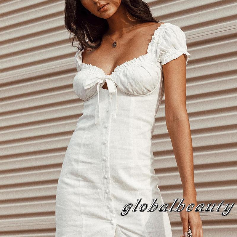 Đầm Ngắn Tay Cổ Khoét Sâu Màu Sắc Trơn Phối Nút Thời Trang Xuân Hè