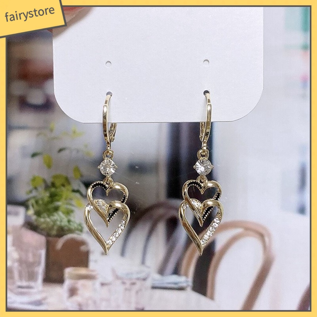 1 Đôi Bông Tai Hình Trái Tim Hai Lớp Đính Đá Lấp Lánh Phong Cách Hàn Quốc Thời Trang