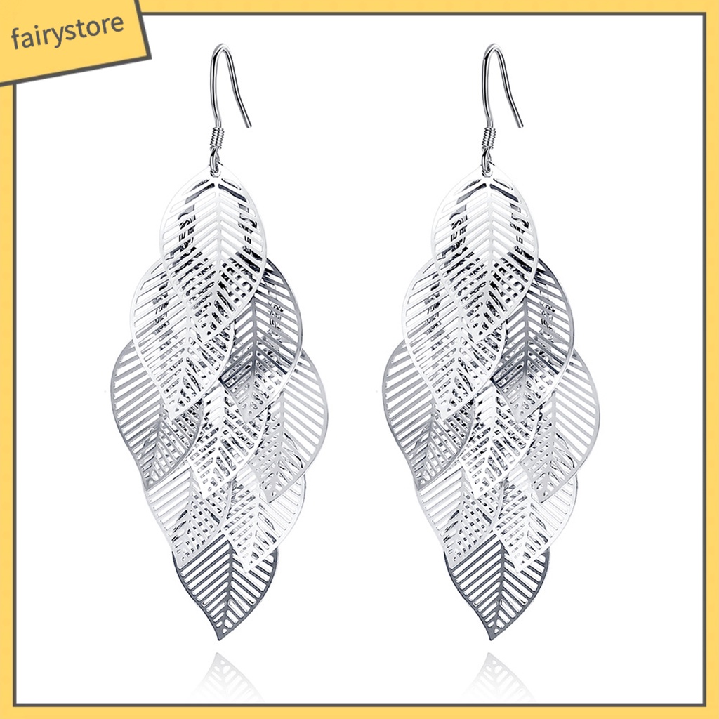 1 Đôi Bông Tai Hình Chiếc Lá Tua Rua Nhiều Lớp Màu Bạc Thời Trang