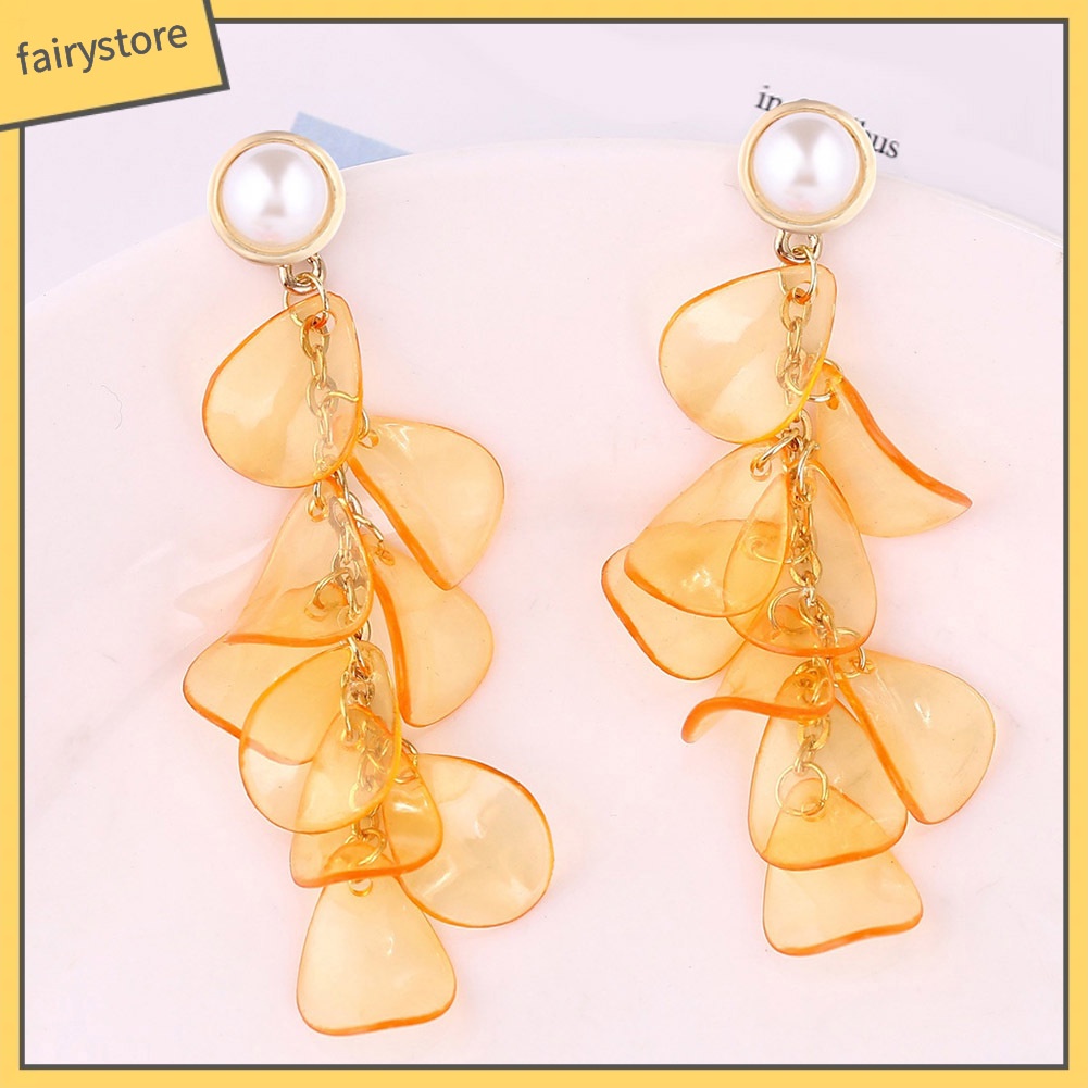 Bông Tai Dáng Dài Hình Cánh Hoa Bằng Nhựa Resin Phối Tua Rua Thanh Lịch Cho Nữ