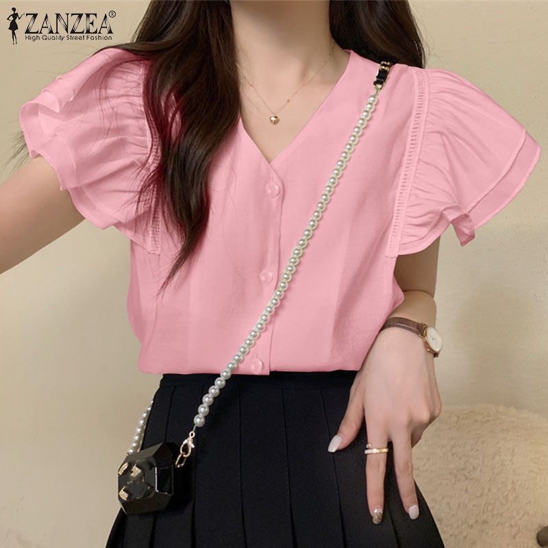 Zanzea Áo Kiểu Nữ Cộc Tay Cổ Chữ V Thời Trang Hàn