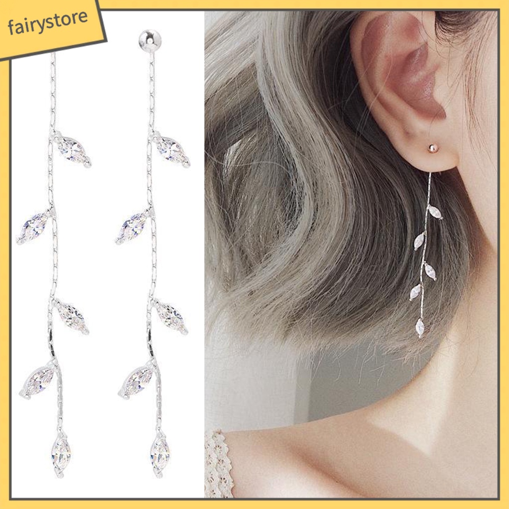 1 Đôi Bông Tai Hình Chiếc Lá Đính Đá Phối Tua Rua Phong Cách Hàn Quốc Dành Cho Nữ