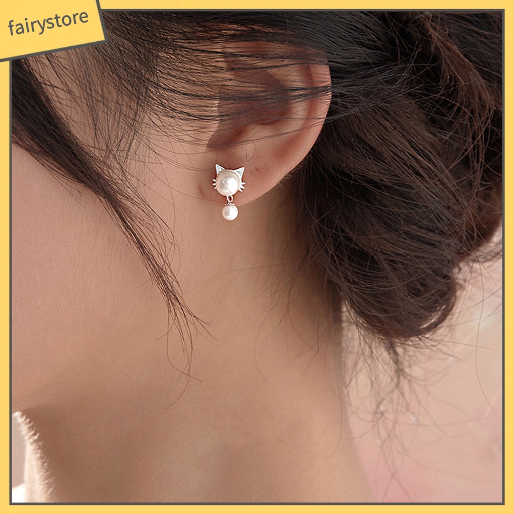 [FRO] 1 Đôi Bông Tai Dạng Treo Hình Mèo Trắng Bắt Mắt Chống Mài Mòn Trang Trí Hạt Charms