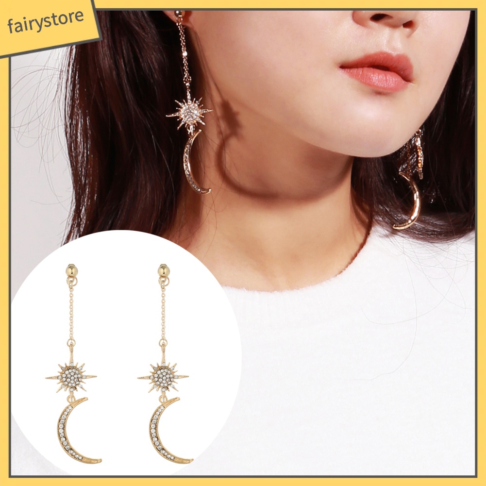 Bông Tai Dài Hình Trăng Sao Đính Đá Thời Trang Dành Cho Nữ