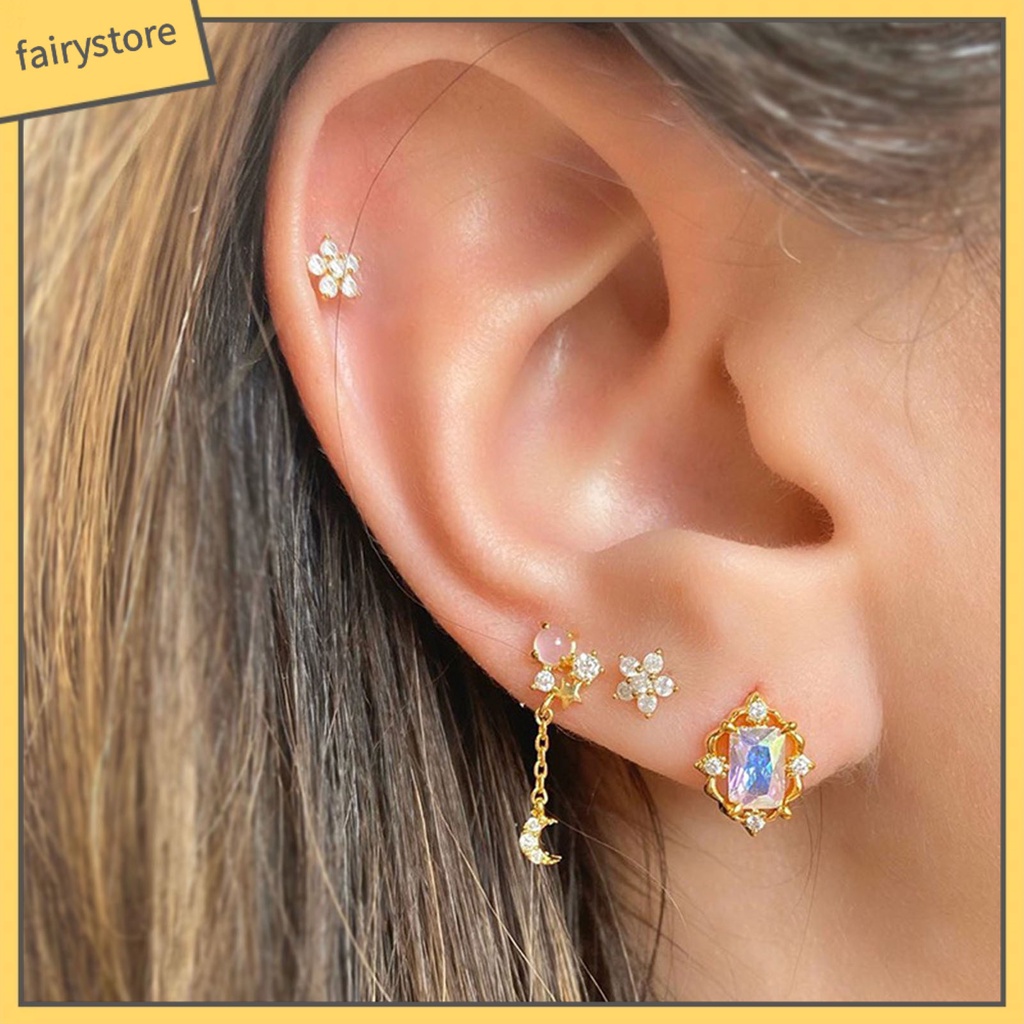 1 Bộ Khuyên Tai Bắt Mắt Dễ Sử Dụng Bằng Hợp Kim Hình Hoa Ngôi Sao Tinh Tế Cho Nữ